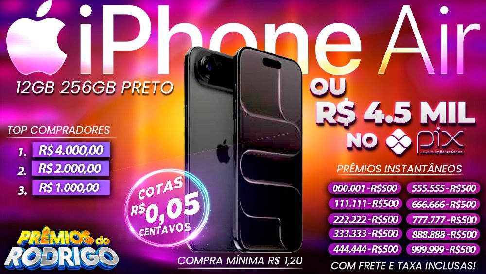 IPHONE AIR 12GB 256GB PRETO COM FRETE E TAXAS INCLUSAS, OU R$4.500 NO PIX!